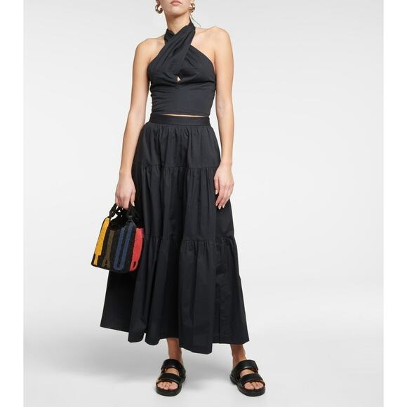 Staud Sea Skirt Black Tiered Volume Midi Cotton Poplin High Waist 4 Lightweight - Picture 1 of 8